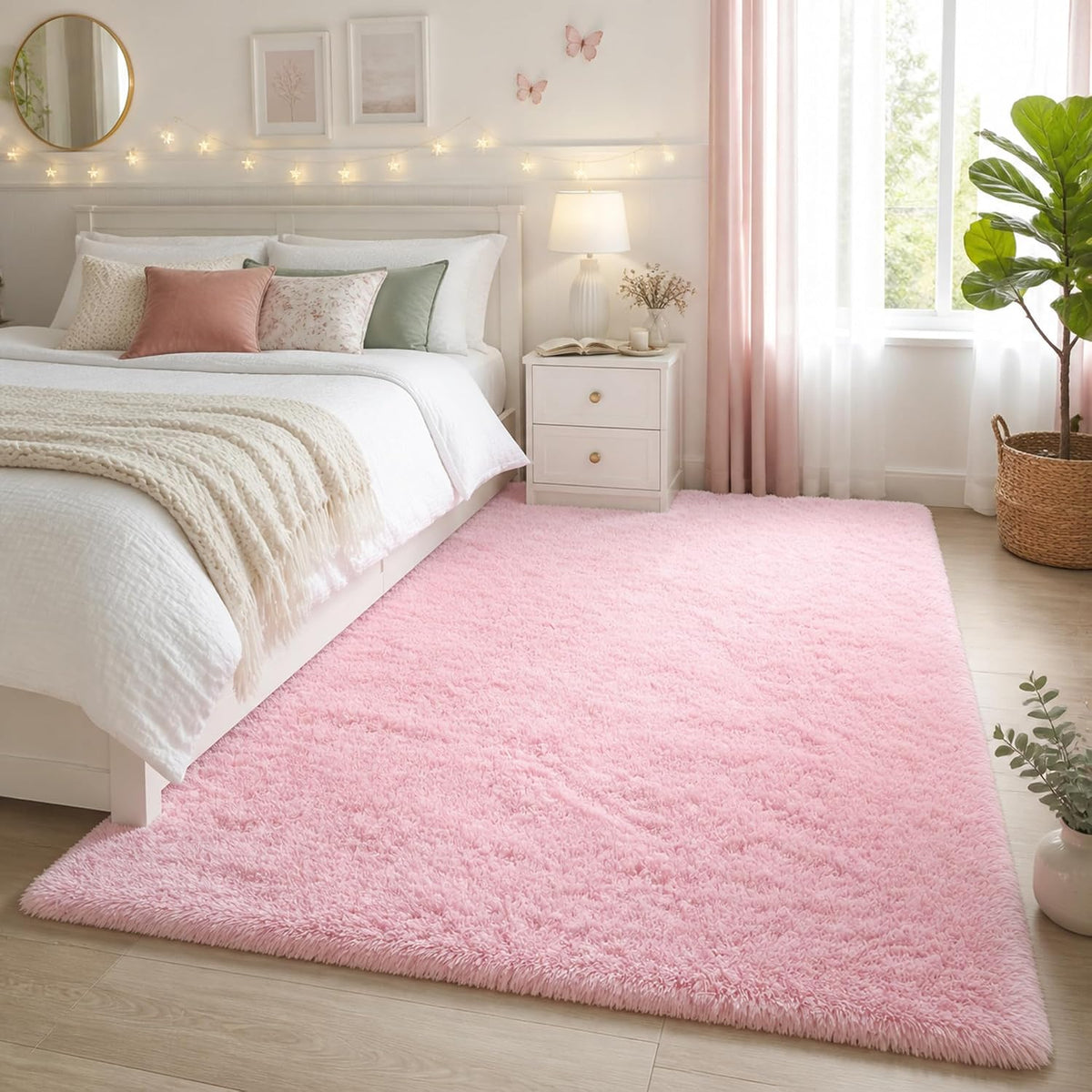 Alfombra rosa Ophanie para dormitorio de niñas, alfombra suave y mullida Kawaii para niños, alfombra de pelo largo suave y linda para mesita de noche, para interiores, 4x6, para decoración estética de habitaciones de adolescentes, guarderías