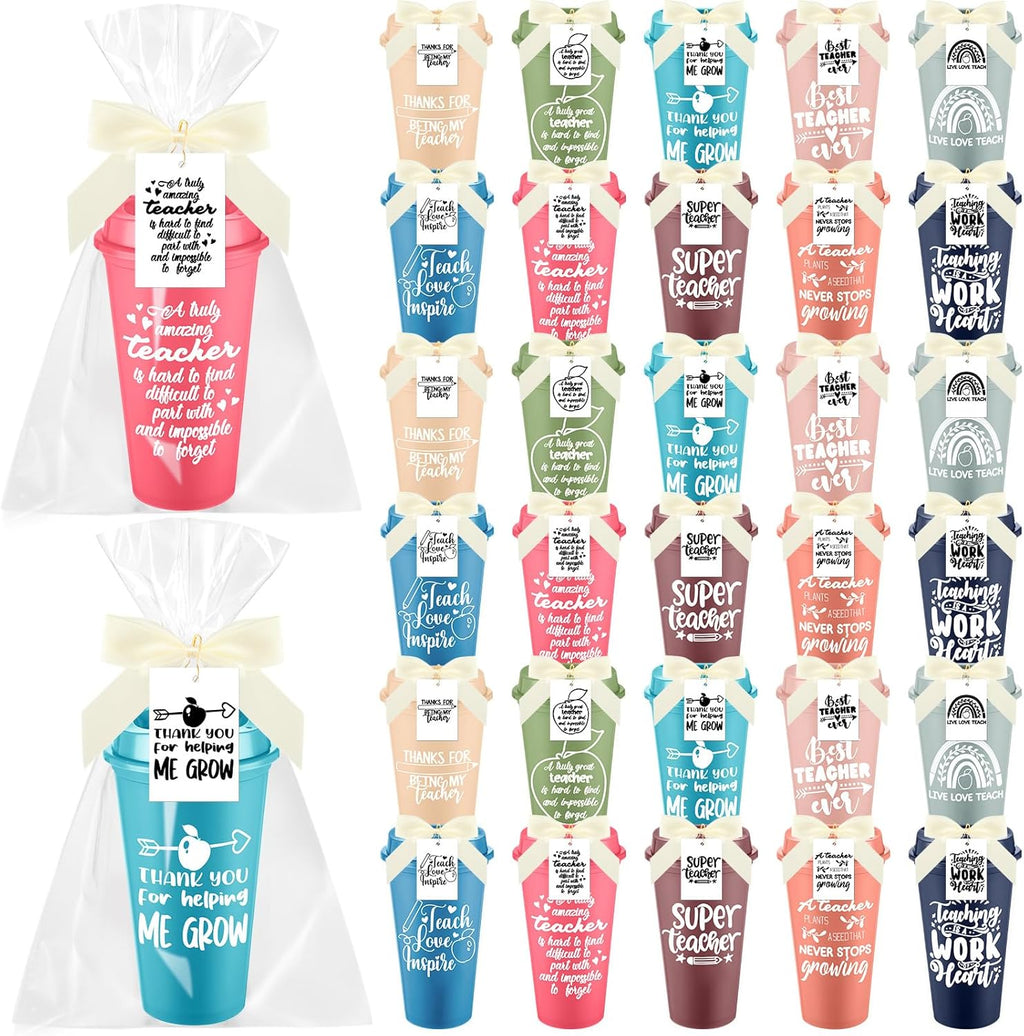 LemonRoad - Juego de 30 regalos navideños para maestros (16 oz) con tapa, regalo de regreso a clases, vaso de agradecimiento con tapa, tarjeta y bolsa (colores vivos) 