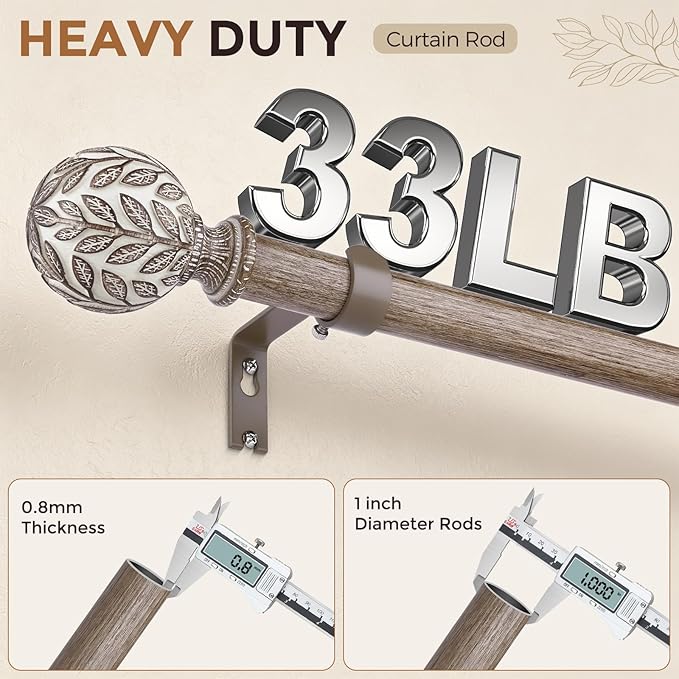 Barra de cortina de madera estilo bohemio, 1 pulgada, decorativa, ajustable, resistente, para ventanas de 48 a 84 pulgadas, barras rústicas para cortinas con remates de hojas de imitación de madera envejecida hechos a mano.