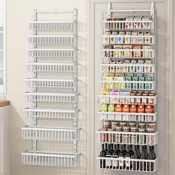 Organizador de despensa de 9 niveles sobre la puerta, soporte de pared 2 en 1 o estante de especias colgante con cesta ajustable, organizador de condimentos y almacenamiento para clóset