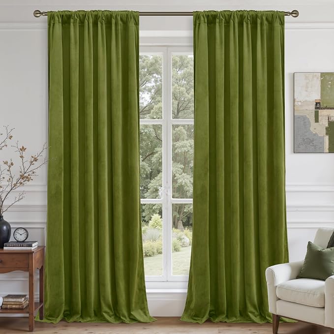 LAMIT Cortinas Blackout de Terciopelo Verde Musgo | Estilo Vintage | Aislamiento Térmico | Oscurecimiento Total | Para Sala y Dormitorio | Pack de 2 Paneles