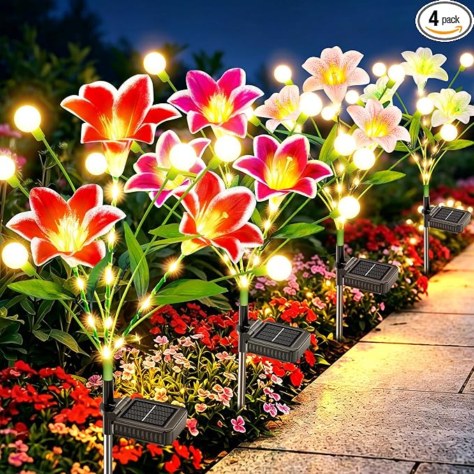 Pack de 3 Luces Solares de Jardín 2 en 1 – Flores de Lirio con Luciérnagas Oscilantes | Colores: Morado, Blanco, Verde y Blanco Rosado