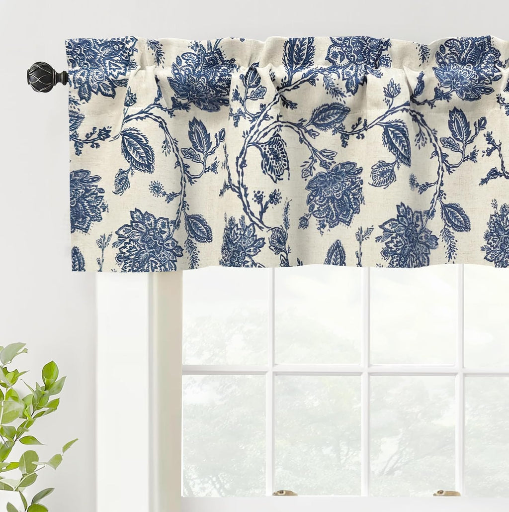 Cenefa Blackout Térmica de Lino con Estampado Floral Jacobeo – 2 Capas, 52x14 Pulgadas, Azul Marino y Beige | DriftAway Freda