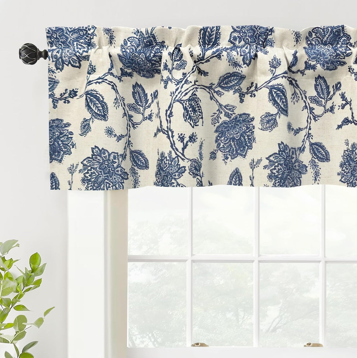 Cenefa Blackout Térmica de Lino con Estampado Floral Jacobeo – 2 Capas, 52x14 Pulgadas, Azul Marino y Beige | DriftAway Freda