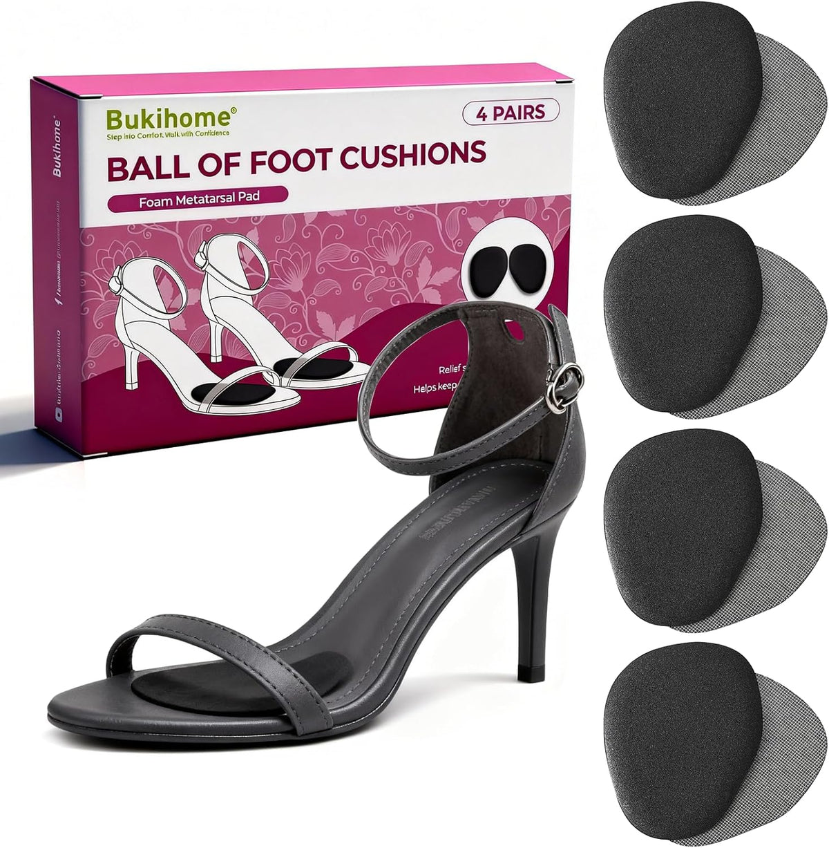 Almohadillas Metatarsales Bukihome para Mujer – 4 Pares Antideslizantes para Tacón y Sandalia (Negro)