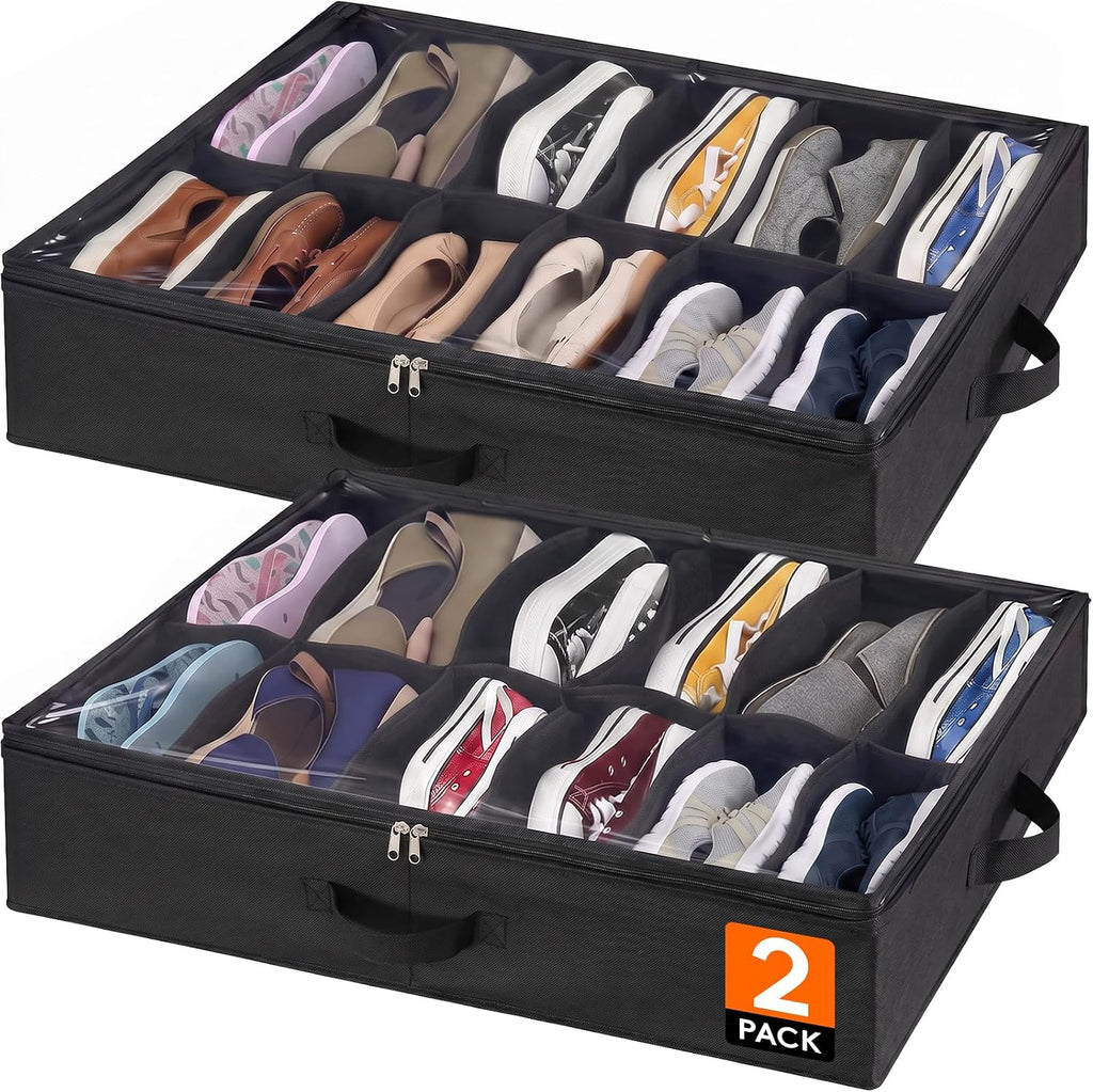 Organizador de zapatos Lifewit para debajo de la cama, paquete de 2 (12 compartimentos para zapatos), caja de tela de 10,9 cm de altura con tapa transparente, bolsa de almacenamiento plegable con 2 asas, con capacidad para entre 12 y 24 pares.