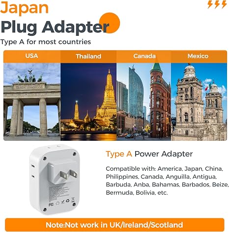 Adaptador de Enchufe TESSAN 2 a 3 Clavijas — 4 Tomas, 3 Puertos USB (1 USB-C), Para Viajes EE.UU. a Japón