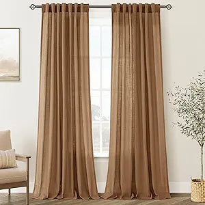 Cortinas Jolilight Marrón Semi Transparentes 52x90 Pulgadas — Estilo Farmhouse Moderno, Set 2 Paneles, Back Tab