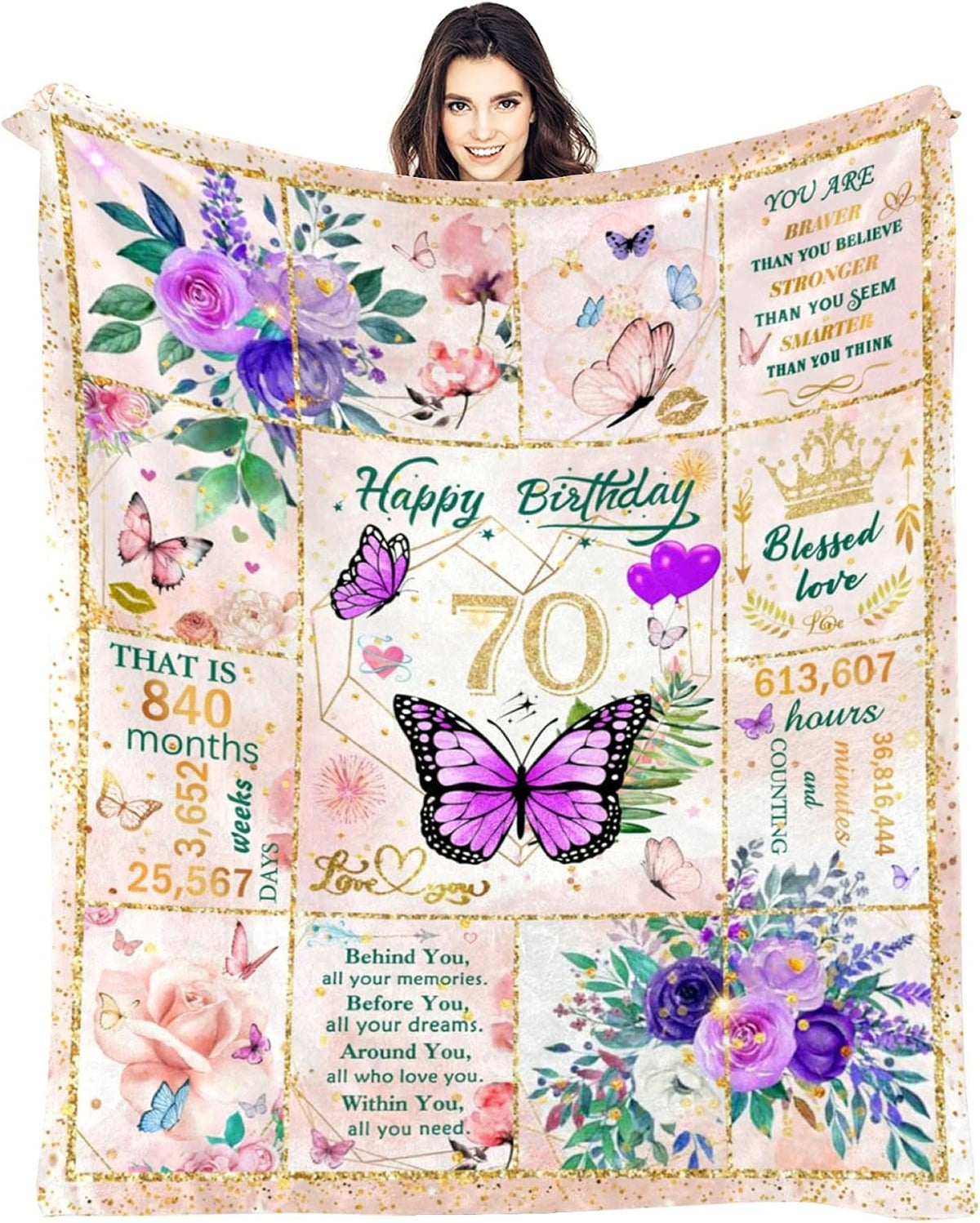 Manta de Cumpleaños 70 Años | Regalo para Mujeres | Feliz Cumpleaños 70 | Manta con Mariposas y Flores para Aniversario y Navidad | Franela Suave y Cálida | 60 x 50 Pulgadas