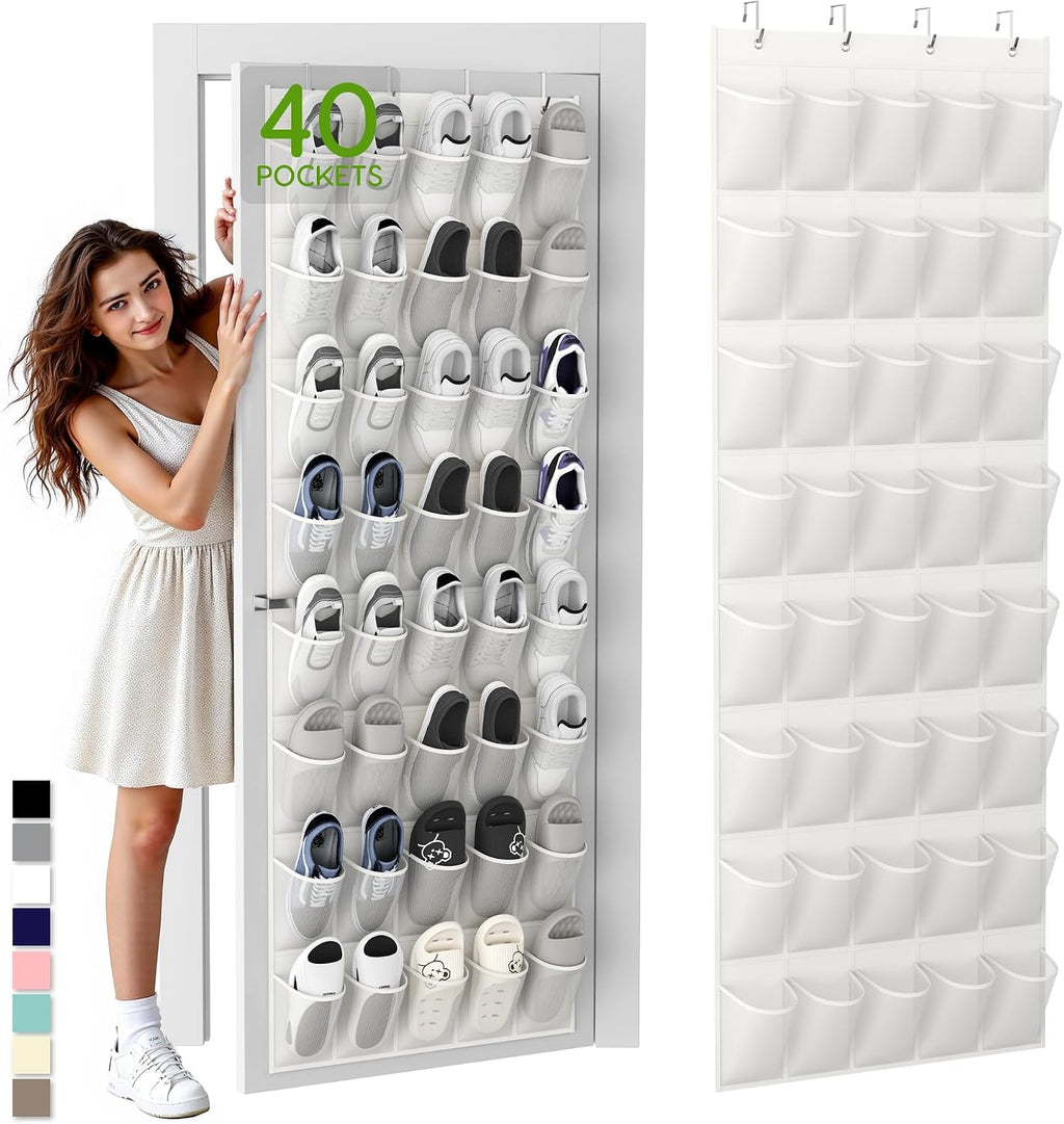 Unjumbly Organizador de Zapatos para Puerta | 40 Bolsillos Grandes de Malla Transpirable | Ahorra Espacio para Entrada, Dormitorio y Closet (Blanco)
