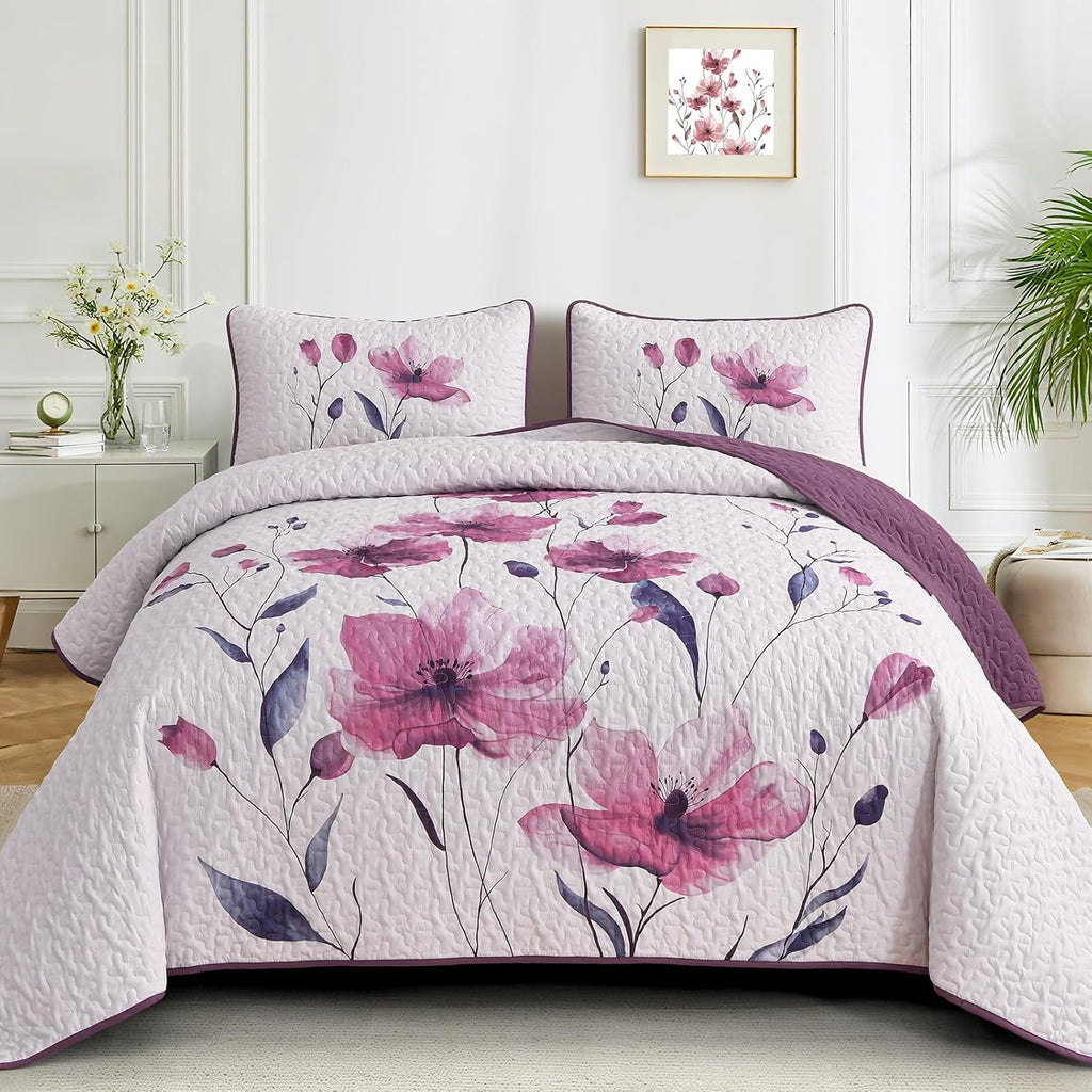 Juego de Colcha Floral Mybedsoul Tamaño King, 3 Piezas Juego de Cubrecama Cobertor Rosa Rosa, Juego de Ropa de Cama Botánico Estilo Granja Liviano para Otoño Invierno Todas las Estaciones (264x229 cm)