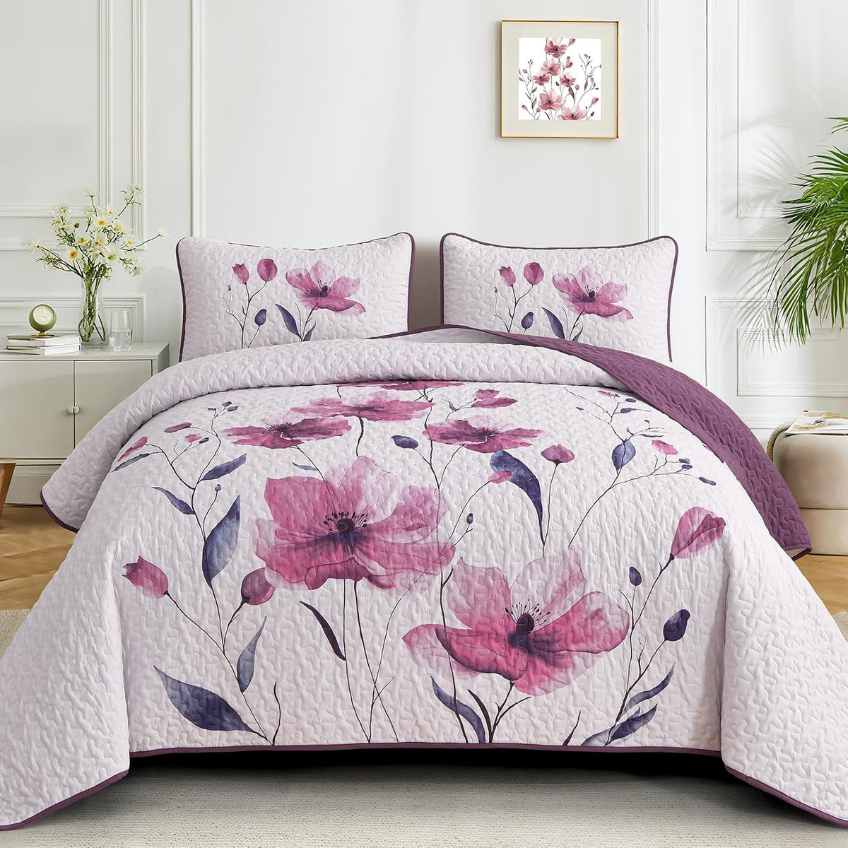 Juego de Colcha Floral Mybedsoul Tamaño King, 3 Piezas Juego de Cubrecama Cobertor Rosa Rosa, Juego de Ropa de Cama Botánico Estilo Granja Liviano para Otoño Invierno Todas las Estaciones (264x229 cm)