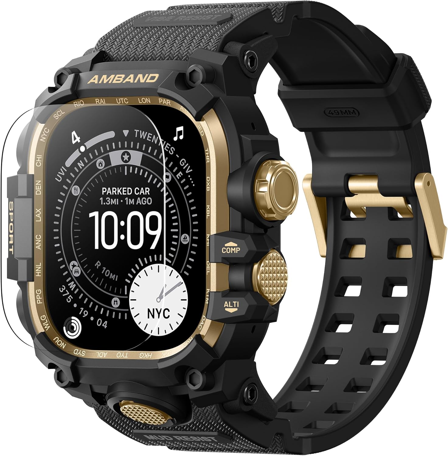 Funda resistente amBand con correa para Apple Watch Ultra 3/2/1 de 49 mm, M3, de grado militar, a prueba de golpes, incluye protector de pantalla, correa táctica para hombre, compatible con iWatch Ultra, color negro y dorado. 