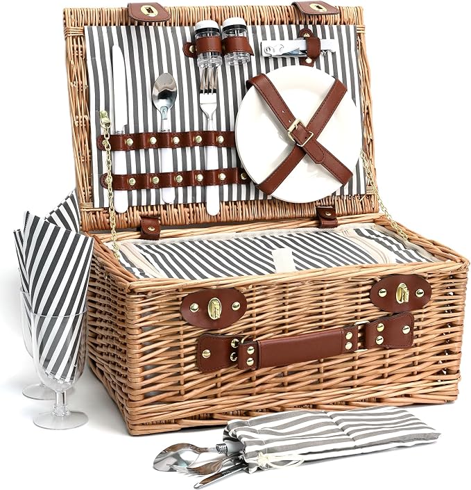 Juego de cestas de picnic de mimbre natural de 16 piezas para 2 personas con forro aislante para camping, bodas, San Valentín y regalos - Rayas