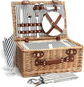 Juego de cestas de picnic de mimbre natural de 16 piezas para 2 personas con forro aislante para camping, bodas, San Valentín y regalos - Rayas