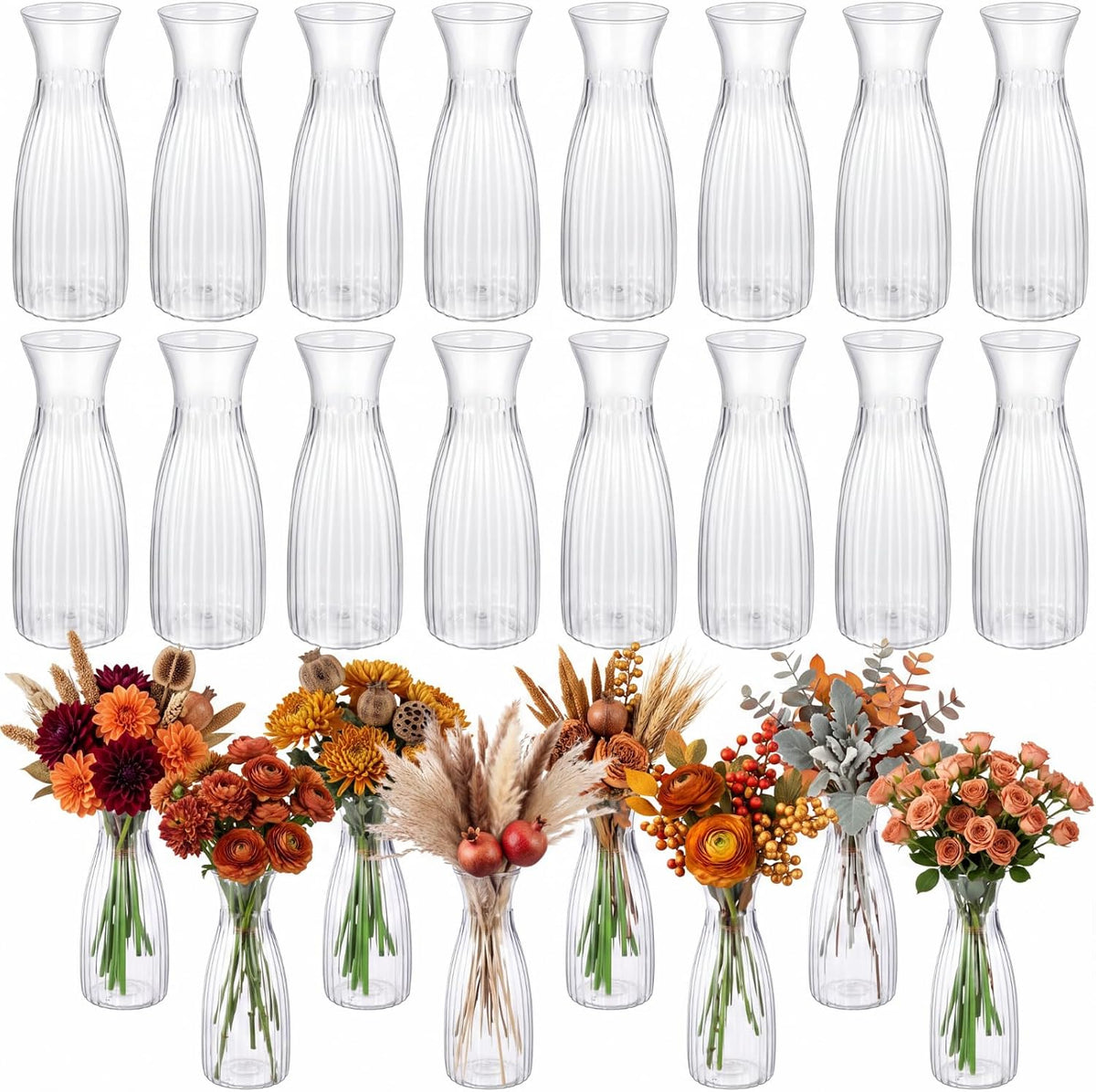 Mumufy 24 jarrones pequeños de plástico transparentes para flores, jarrones irrompibles para centros de mesa, bodas, decoración de mesas para el hogar y cenas formales (2,64 x 6,69 pulgadas)