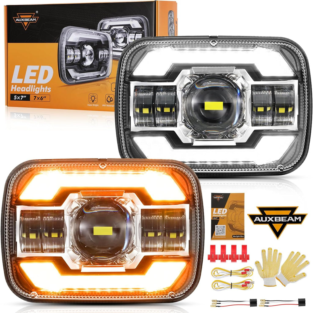 Faros LED 5x7 Auxbeam 12000LM con DRL y Luz de Giro | Compatible con Jeep Cherokee XJ, Wrangler YJ, Ford y Chevrolet