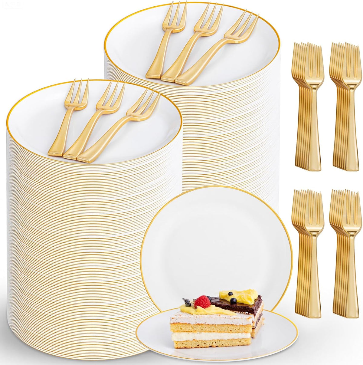 Set Festiva de 400 Piezas para Postre | 200 Platos Dorados 6.3 Pulgadas y 200 Tenedores 5 Pulgadas | Desechables para Fiestas, Bodas y Pascua | 200 Invitados