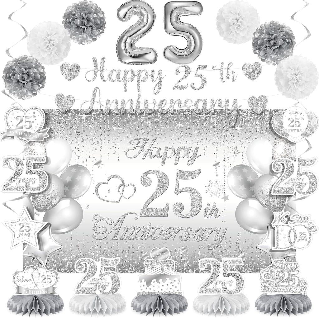 Pancarta de decoración para el 25.º aniversario de bodas de plata, centros de mesa para el 25.º aniversario, espirales colgantes, pompones de papel de seda, globo de aluminio para la decoración de la fiesta de bodas de plata de 25 años.