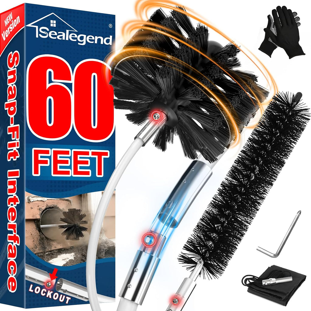 Kit de limpieza de conductos de secadora Sealegend de 18 metros (60 pies) / Quitapelusas / 2 cepillos flexibles de ajuste rápido mejorados / Cepillos para chimeneas y hogares para un uso fácil / Funciona bien con o sin taladro eléctrico