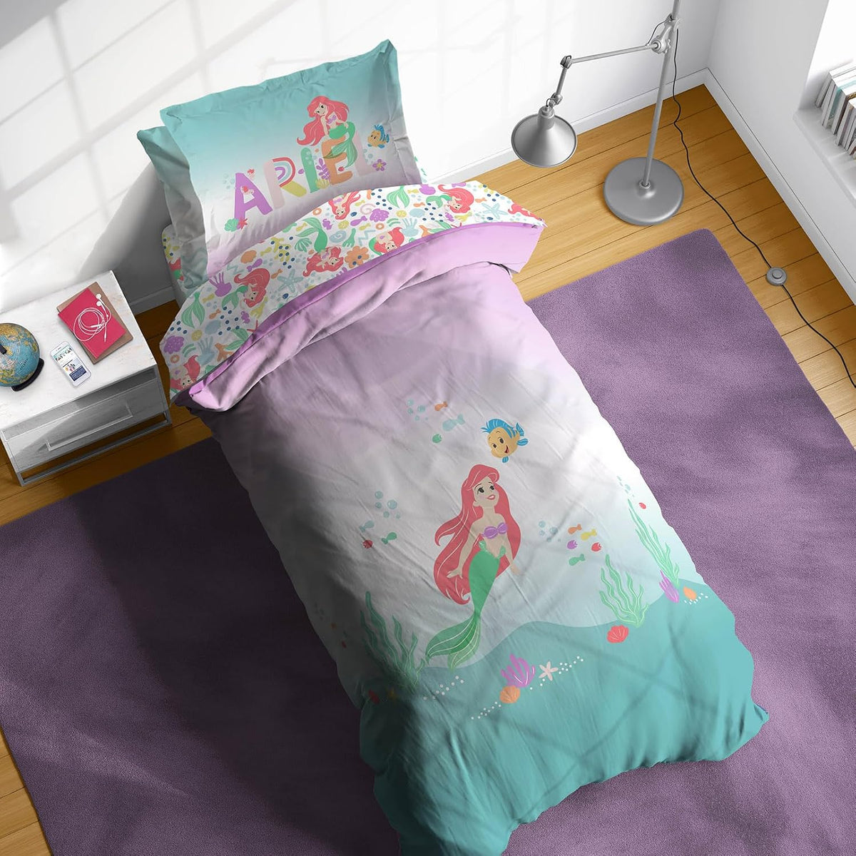 Set de Edredón Sunny Side Up Disney La Sirenita Twin | 5 Piezas de Ropa de Cama Infantil | Incluye Edredón, Sábanas y Funda | Microfibra Suave de Ariel