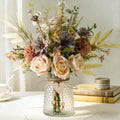 Flores de Seda JARELING con Florero | Arreglo de Flores Artificiales con Jarrón de Vidrio | Rosas Falsas para Decoración y Centro de Mesa | Rosa Champán