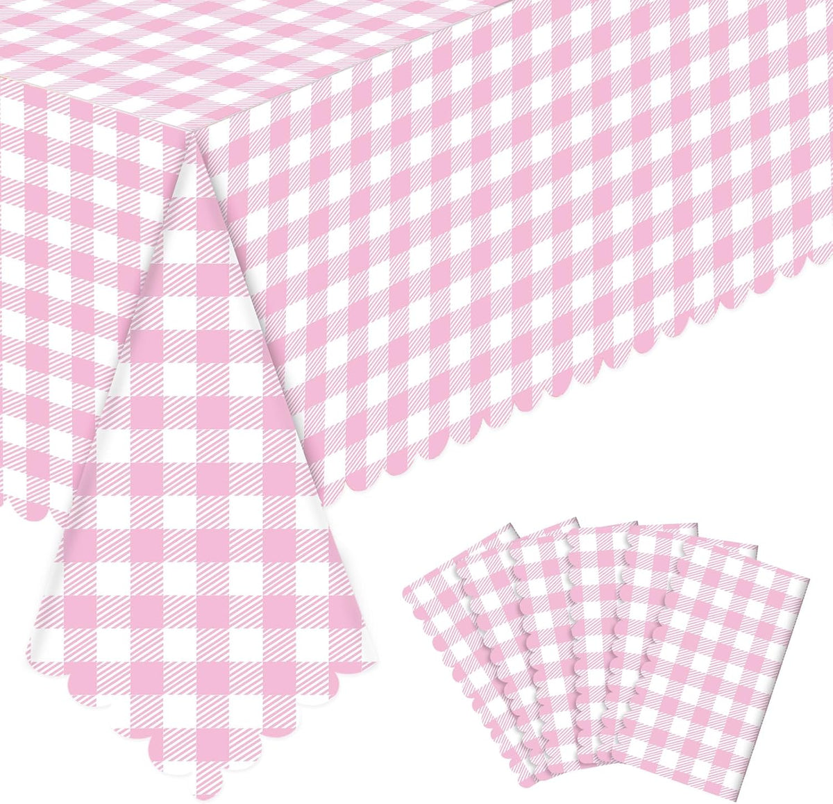 Manteles NatNarr, paquete de 6, color rosa vichy, 54 x 108 pulgadas, con borde festoneado, estampado a cuadros rosa y blanco, ideales para fiestas, bodas, picnics, cumpleaños, baby showers, despedidas de soltera y aniversarios.
