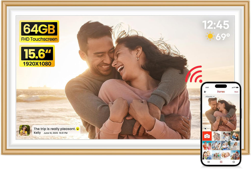 Frameo Marco de Fotos Digital 15.6" 64GB – Pantalla IPS FHD Táctil 1920x1080, WiFi, Blanco Dorado, Regalo para Padres y Abuelos