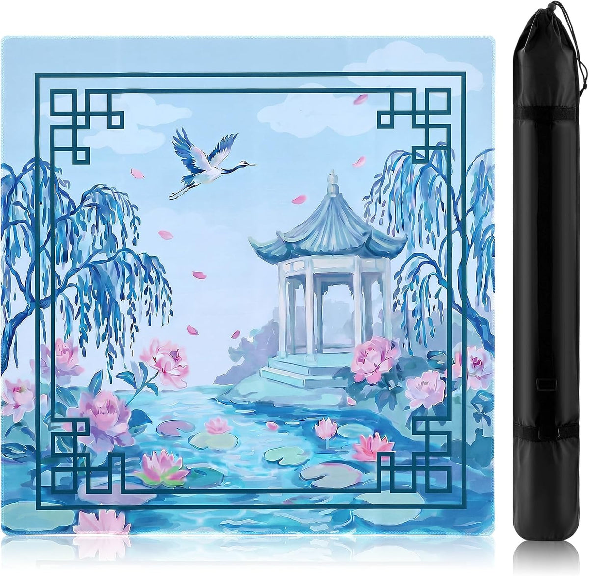 Tapete de Mahjong Dunzy de 84 x 84 cm con bolsa de transporte, antideslizante, con reducción de ruido, para juegos, de goma, para mesa de Mahjong, accesorios, regalos para póker, juegos de mesa y dominó (azul marino, rayas).