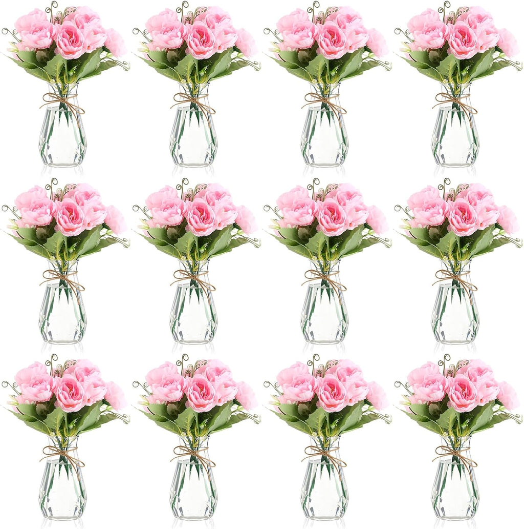 Zeyune Paquete de 37 flores artificiales de peonías con jarrón pequeño. Paquete de 24 ramos de peonías de seda. Jarrón de plástico transparente de 12 pulgadas con cuerda. Flores artificiales para centros de mesa (rosa, cabeza redonda).