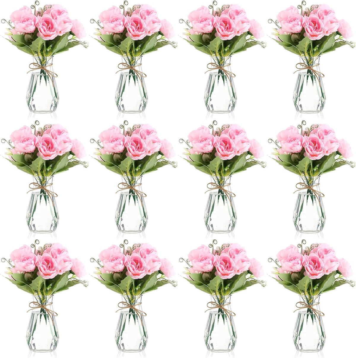 Zeyune Paquete de 37 flores artificiales de peonías con jarrón pequeño. Paquete de 24 ramos de peonías de seda. Jarrón de plástico transparente de 12 pulgadas con cuerda. Flores artificiales para centros de mesa (rosa, cabeza redonda).