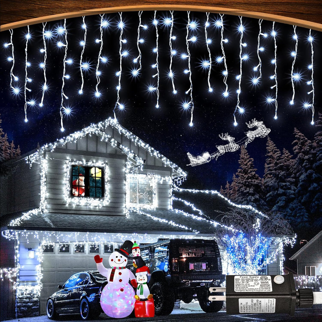 Luces de carámbano de 30 m y 1216 LED para exteriores, luces navideñas blancas para casa, patio, porche, jardín, decoración navideña exterior, luces colgantes impermeables con destellos durante todo el año. 