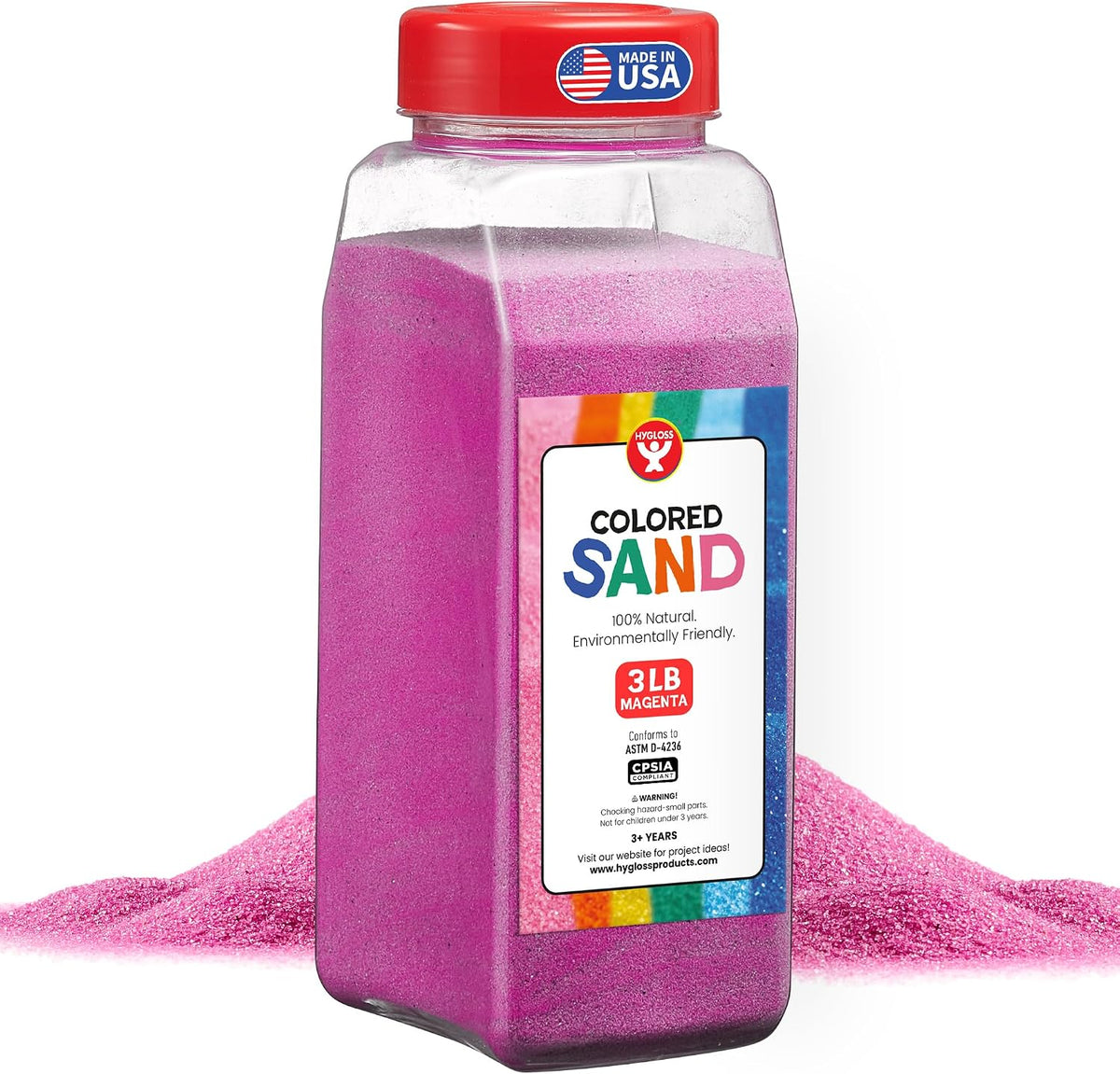 Arena de colores Hygloss para manualidades – Botella de 1,36 kg, magenta – Kits de arte con arena fina, vibrante y colorida para juegos sensoriales para niños – Actividades para el aula para niños de 3 a 12 años – Seguro para mayores de 3 años