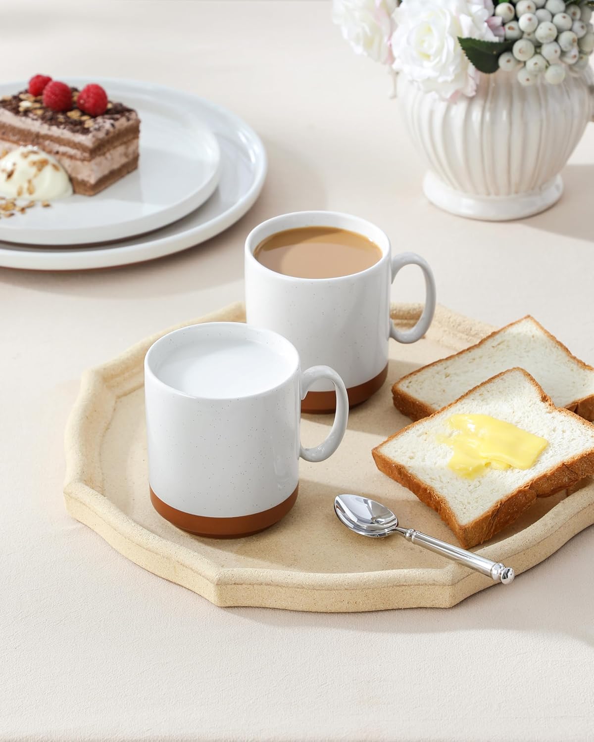 MALACASA Juego de 3 Tazas de Cafe Grandes de Gres, 350ml Tazas Desayuno Grande, Tazas de Te con Asa para café con leche Apto para Té, Zumos, Café con Leche y Capuchino - Blanco Caqui