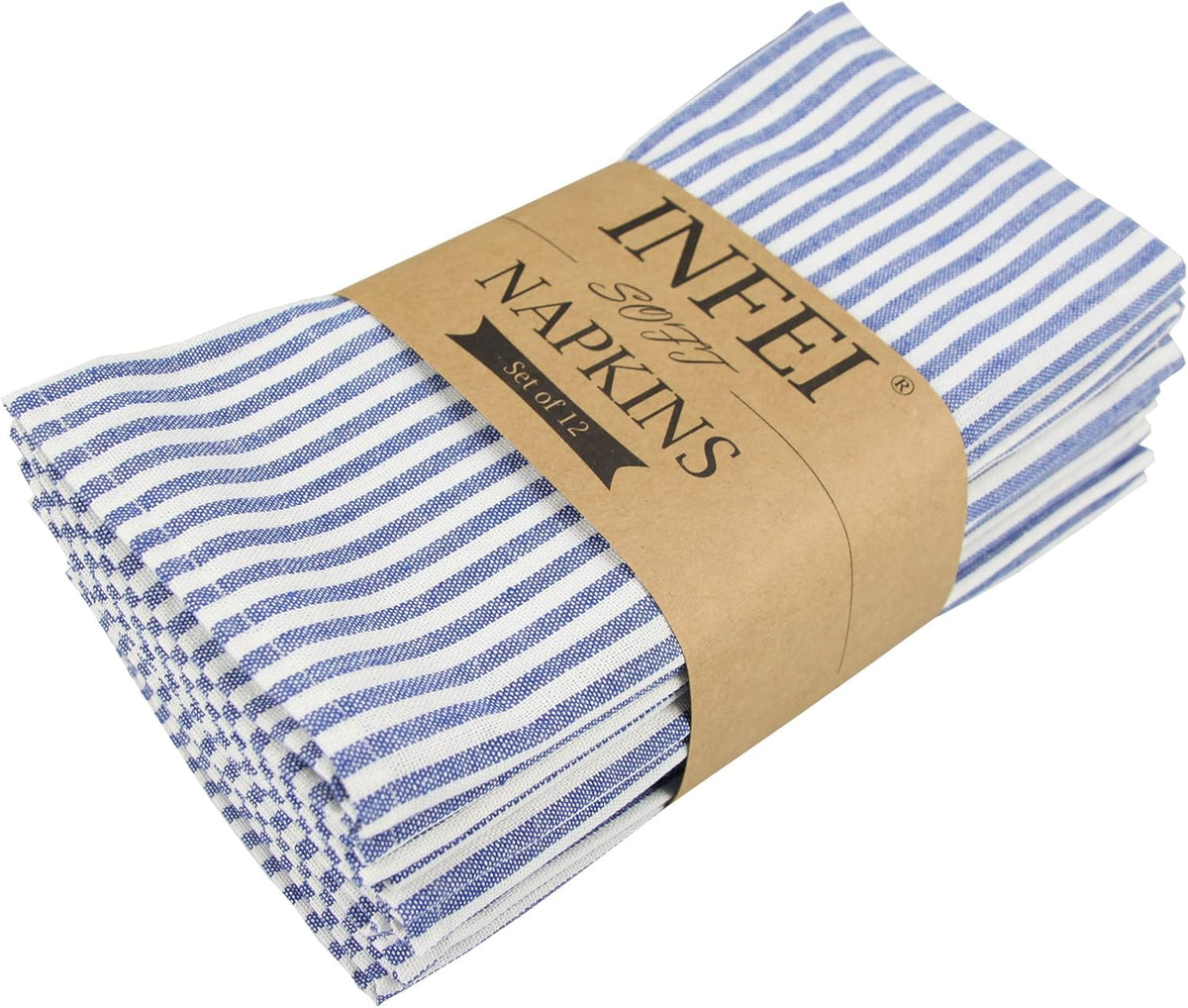 Servilletas de tela de algodón y lino con rayas lisas INFEI - Juego de 12 (40 x 30 cm) - para eventos y uso doméstico (Azul)