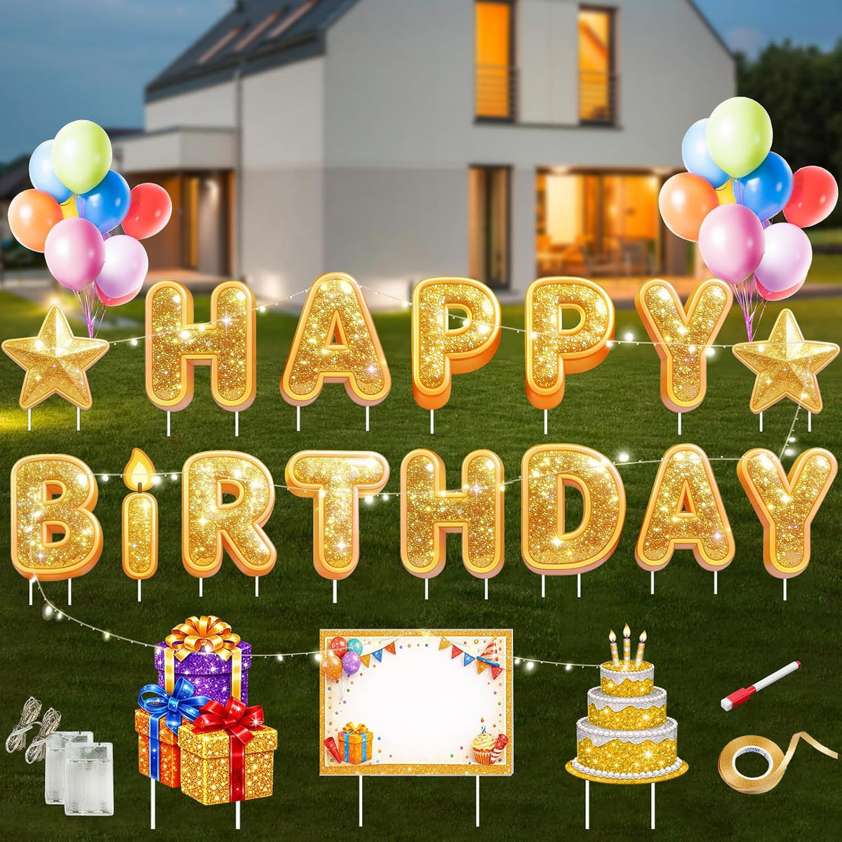 Cyrico Letrero de feliz cumpleaños con estacas, 18 carteles de cumpleaños para patio con luz