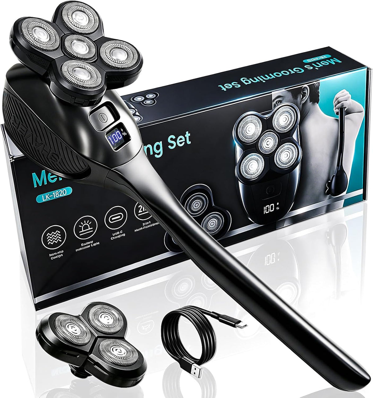 Afeitadora de Espalda Eléctrica Recargable para Hombre – Mango Largo, Cabezales Reemplazables, Kit Corporal Completo