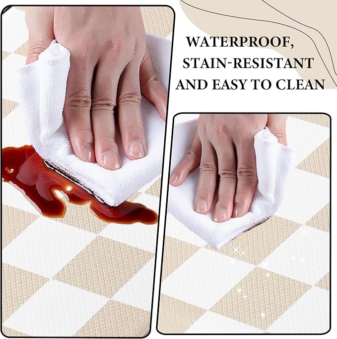 Juego de alfombras de cocina a cuadros color crema [2 piezas], antifatiga, impermeables, antideslizantes, de espuma ergonómica de alta resistencia para suelo, hogar y lavandería
