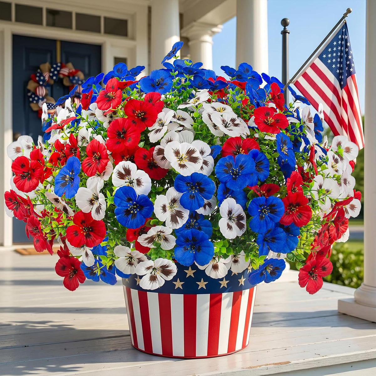 36 flores artificiales de pensamiento para exteriores, resistentes a los rayos UV, de seda sintética, flores patrióticas para exteriores, macetas, porches, patios, ventanas, decoración del hogar para el 4 de julio (36, rojo, blanco, azul).