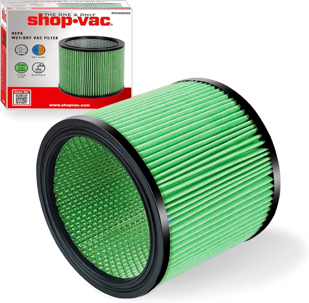 Filtro de cartucho de alto rendimiento Shop-Vac 90304/90344, compatible con la mayoría de aspiradoras Shop-Vac para sólidos y líquidos de 5 a 16 galones, filtro HEPA de alta eficiencia, lavable y reutilizable, 1 unidad.