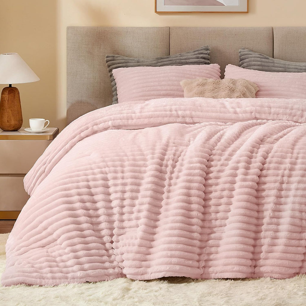 Juego de edredón doble de felpa BEDELITE - Ropa de cama rosa súper suave y cálida, juego de cama de lujo mullido y pesado para invierno con 1 funda de almohada