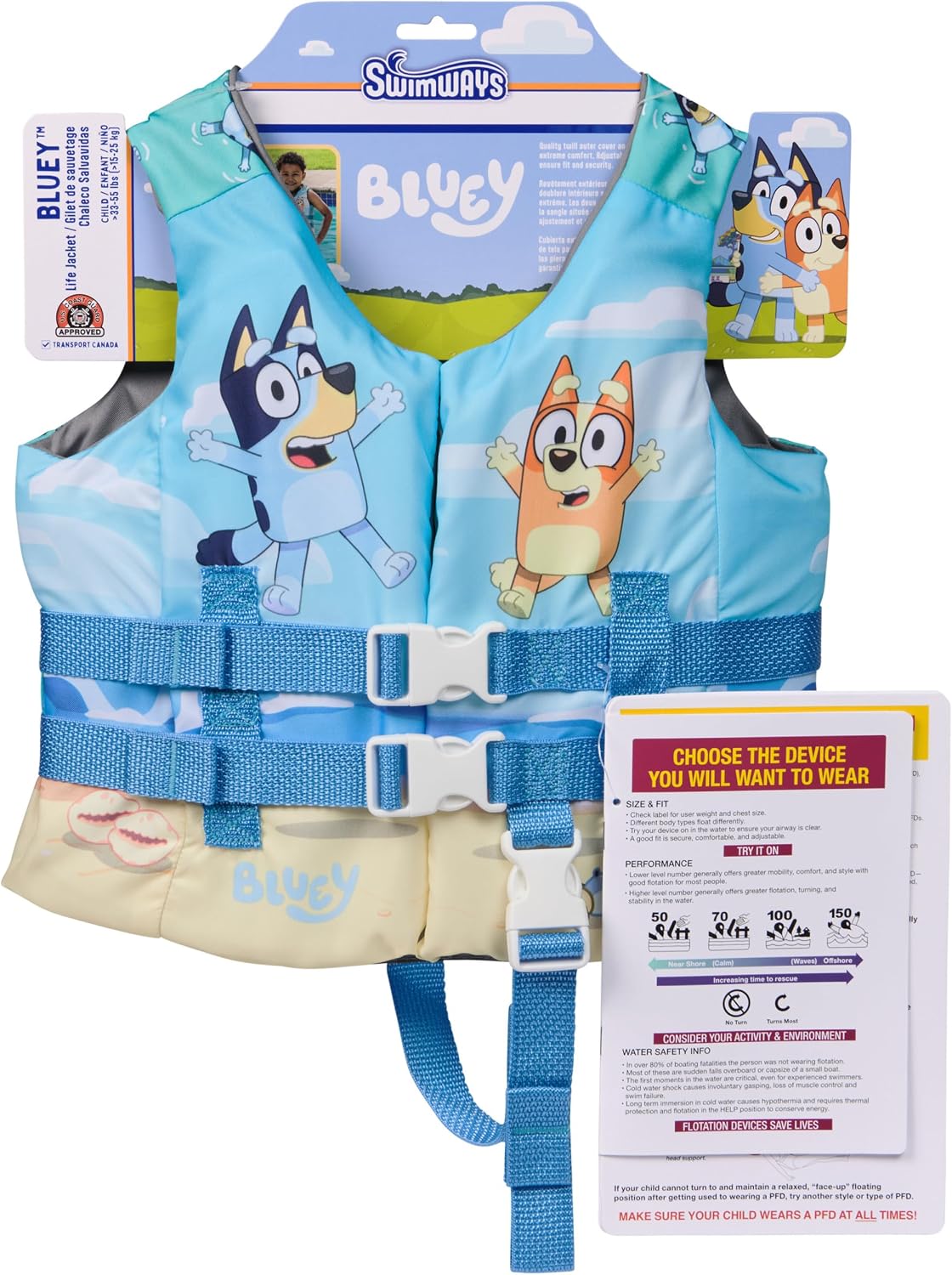 Chaleco salvavidas SwimWays Bluey, chaleco de natación para niños aprobado por la Guardia Costera de EE. UU., de 15 a 25 kg, color azul.