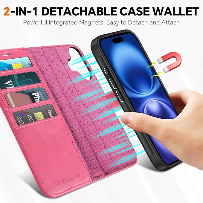 Funda Cartera TUCCH 2 en 1 para iPhone 16 Pro — Cuero PU, Bloqueo RFID, Carga Inalámbrica, Rose Gold