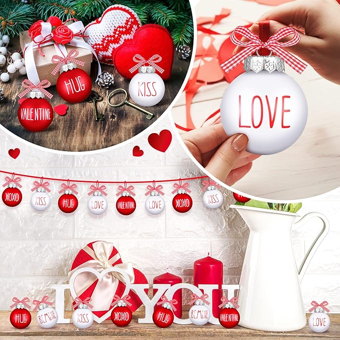 Set de 18 Adornos de Bolas Decorativas Rojo y Blanco 2.36" – San Valentín y Navidad | Vinsot