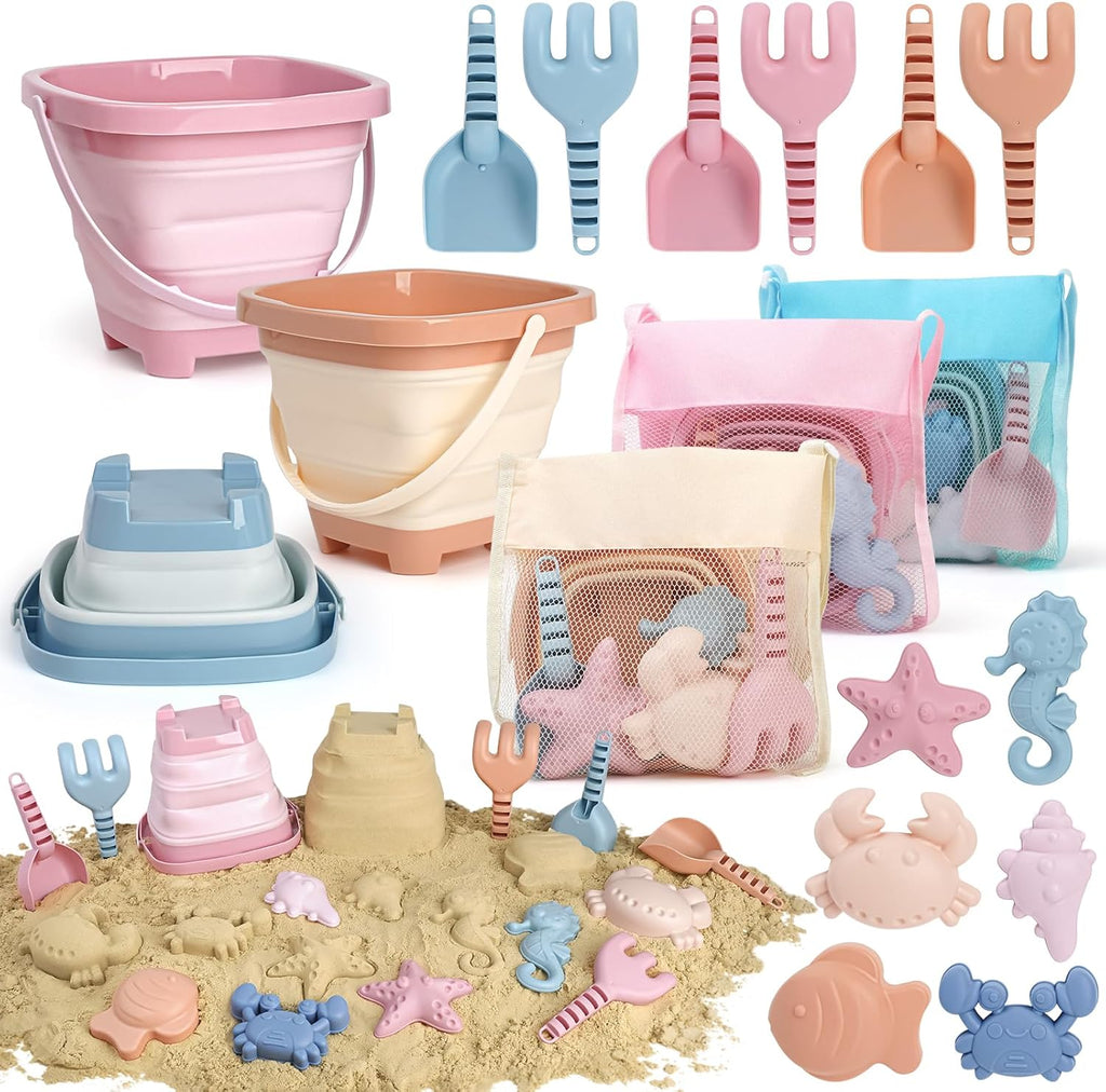 Dreamon Set de Juguetes de Playa para Ninos 3-10 | Baldes Plegables con Moldes y Bolsa de Malla 3 Palas Arena
