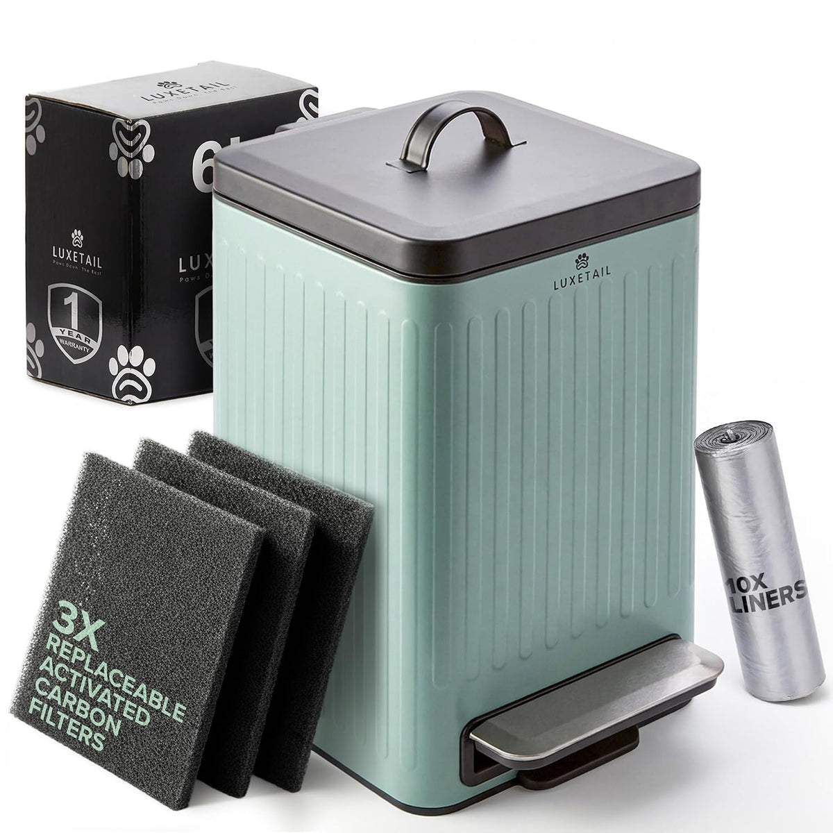 Cubo de Basura para Excrementos de Perro LUXETAIL 6L – Exterior, Filtro de Carbón Antiolor, Pedal Acero Inoxidable Manos Libres | Cubo Extraíble con Tapa