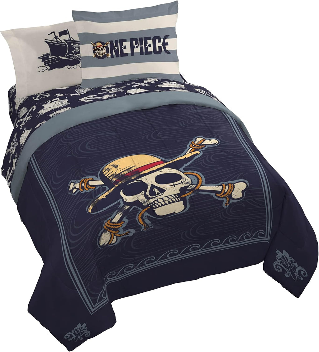 Juego de Edredón Jay Franco One Piece Queen | 7 Piezas | Ropa de Cama Azul con Sábanas y Fundas | Súper Suave | Anime con Calavera