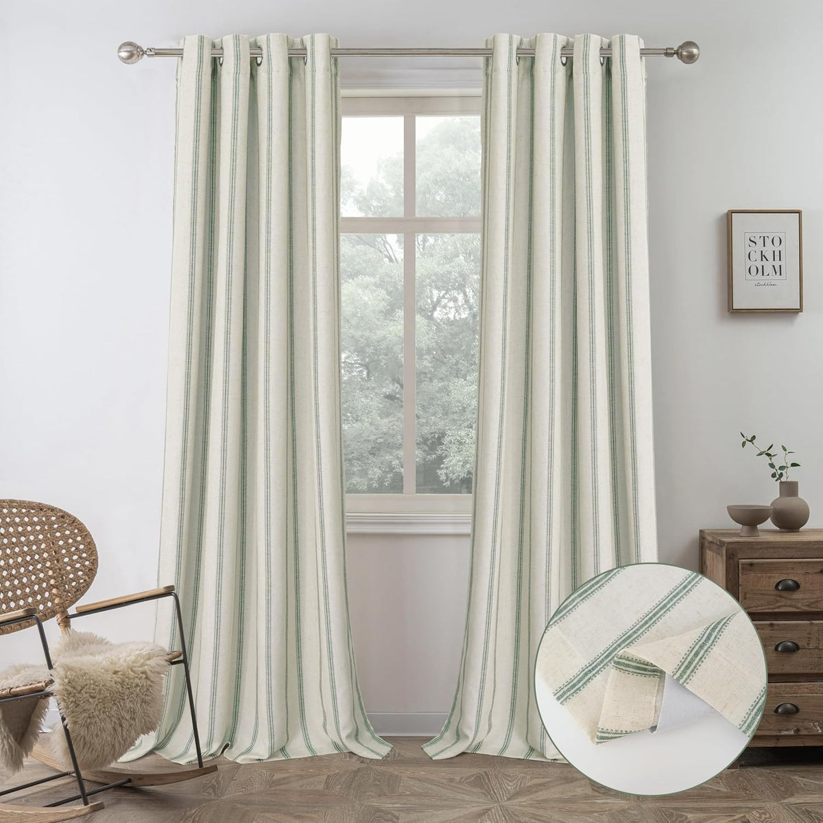Cortinas opacas DriftAway Farmhouse Linen de 244 cm de largo para dormitorio, rayas, doble capa, aislamiento térmico, reducción de sonido, forro, ojales, estilo rústico, 2 paneles, 132 cm de ancho x 244 cm de largo, color verde loden.