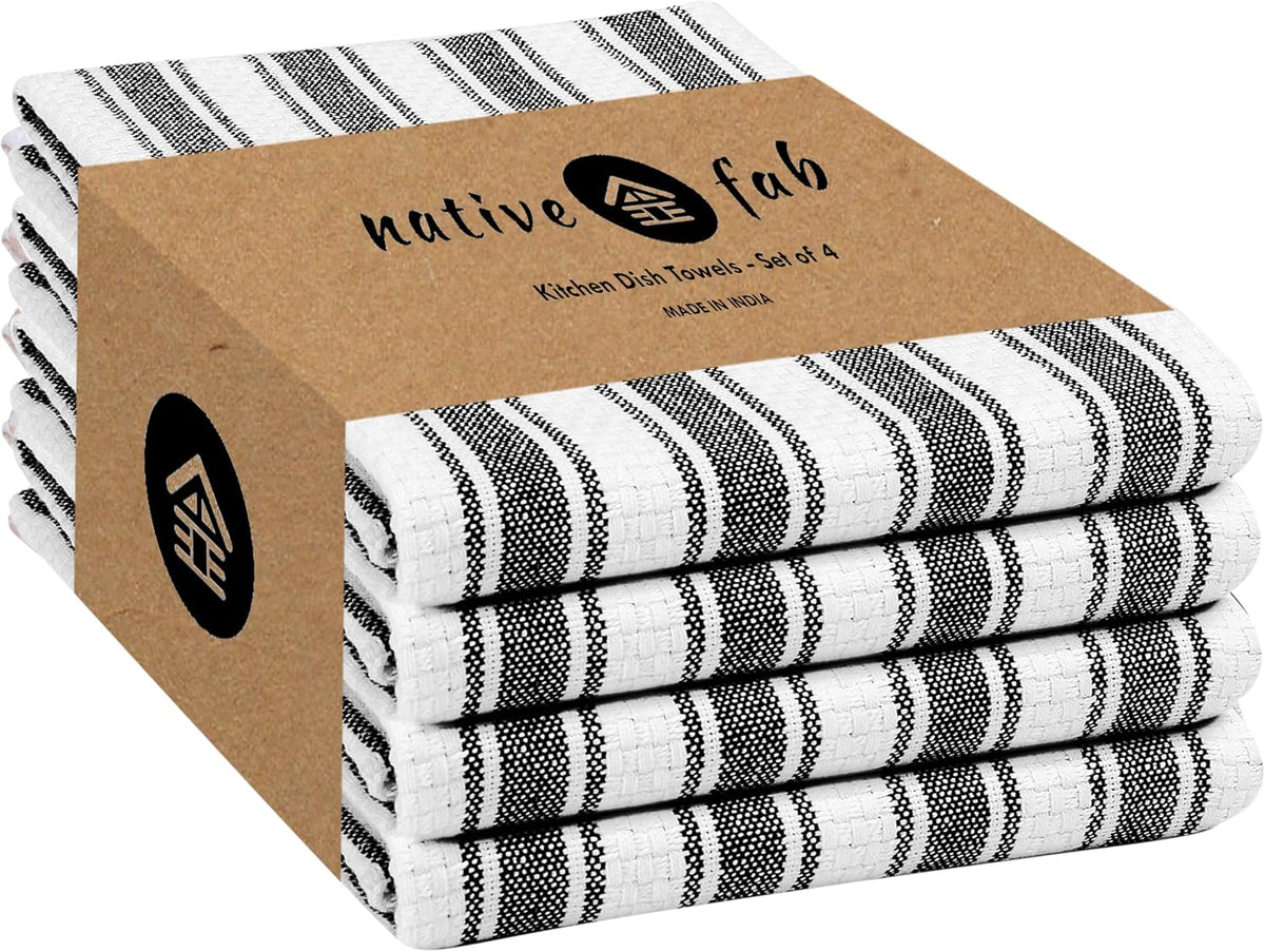 Native Fab Toallas de Cocina a Rayas | 100% Algodon | Set 4 Piezas 41x66 cm | Tejido Basket Weave Absorbente (Negro y Blanco)