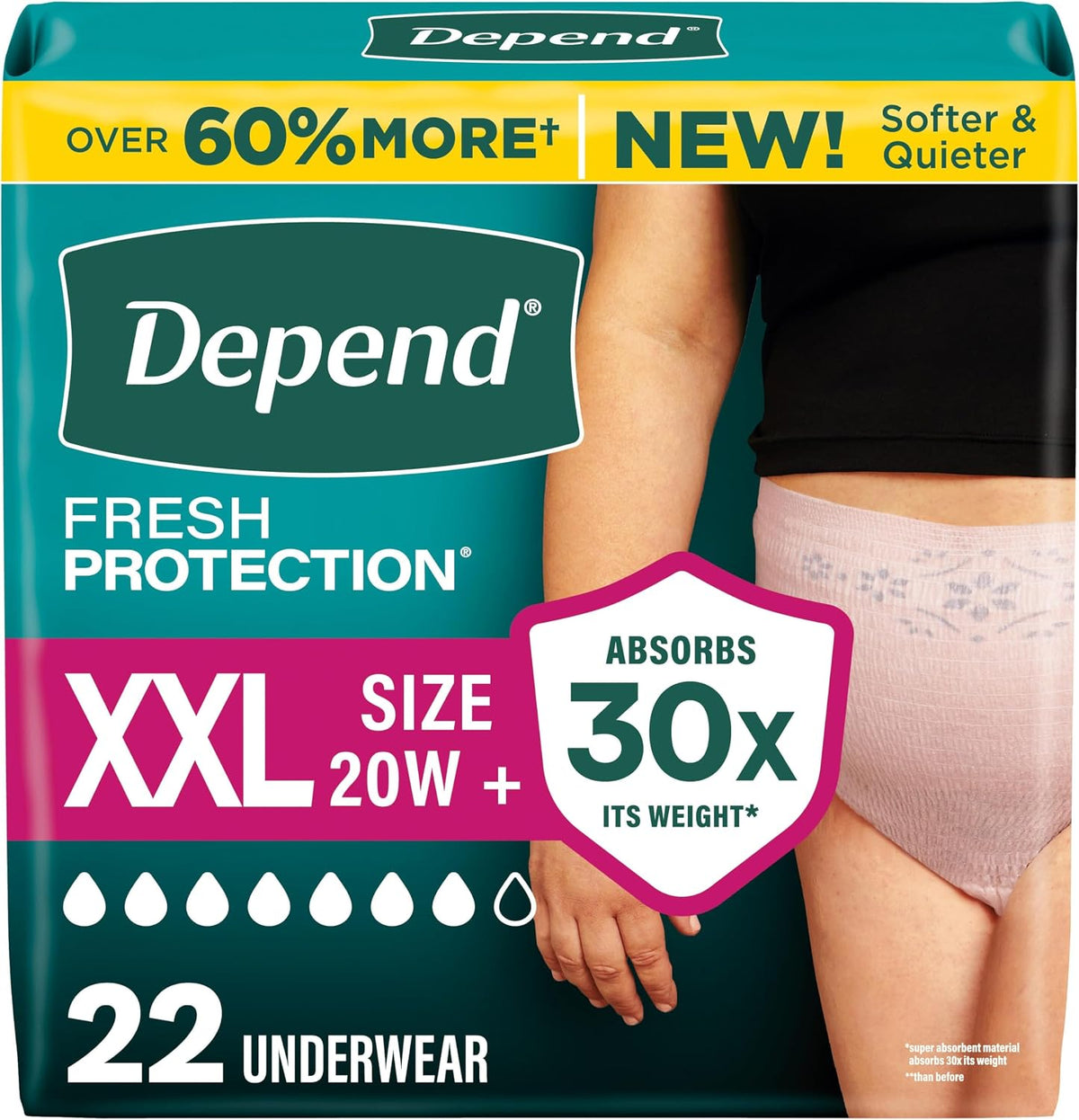 Pañales para adultos Depend Fresh Protection, ropa interior para incontinencia femenina, desechables, talla máxima, XXL, color rubor, 22 unidades, el empaque puede variar.
